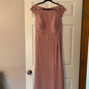 AZAZIE Formal Dusty Rose Gown with Lace Top w/cap sleeves